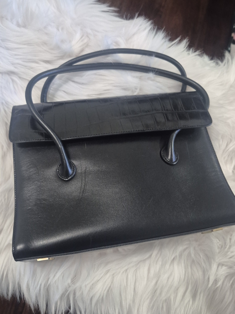 Vintage Adrienne Vittadini Black Croc & Smooth Leather Satchel Bag